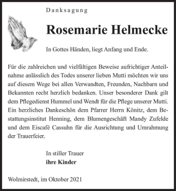 Traueranzeige von Rosemarie Helmecke  von Magdeburger Volksstimme