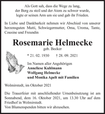 Traueranzeige von Rosemarie Helmecke (geb. Becker)  von Magdeburger Volksstimme