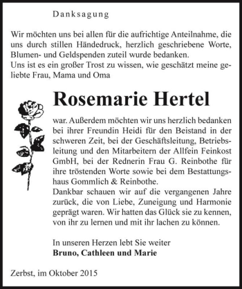 Traueranzeige von Rosemarie Hertel  von Magdeburger Volksstimme