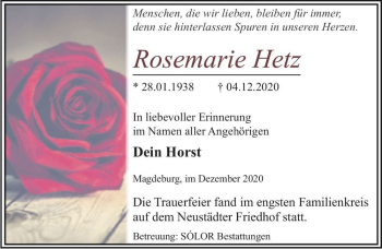 Traueranzeige von Rosemarie Hetz  von Magdeburger Volksstimme