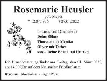 Traueranzeige von Rosemarie Heusler (geb. Meyer)  von Magdeburger Volksstimme