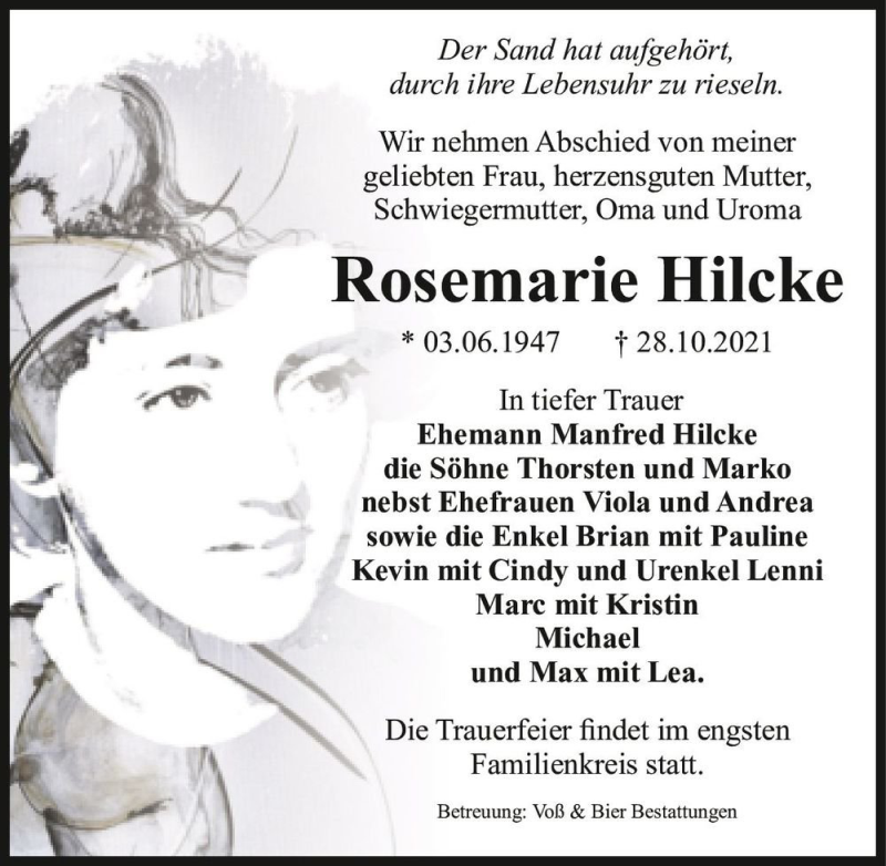  Traueranzeige für Rosemarie Hilcke  vom 06.11.2021 aus Magdeburger Volksstimme