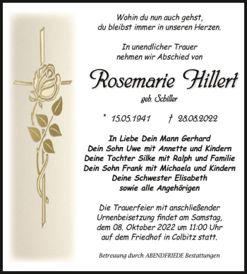 Traueranzeige von Rosemarie Hillert (geb. Schiller)  von Magdeburger Volksstimme
