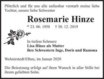 Traueranzeige von Rosemarie Hinze  von Magdeburger Volksstimme