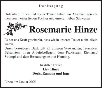 Traueranzeige von Rosemarie Hinze  von Magdeburger Volksstimme