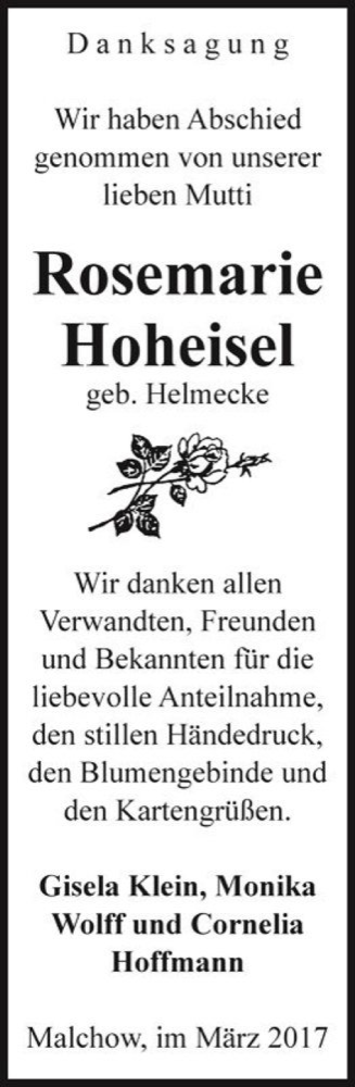 Traueranzeige von Rosemarie Hoheisel (geb. Helmecke)  von Magdeburger Volksstimme