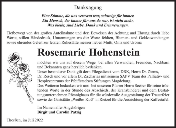 Traueranzeige von Rosemarie Hohenstein  von Magdeburger Volksstimme