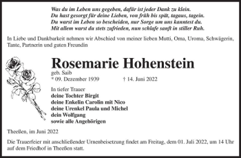 Traueranzeige von Rosemarie Hohenstein (geb. Saib)  von Magdeburger Volksstimme