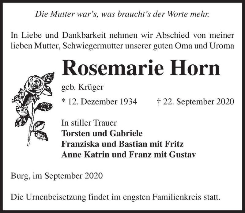  Traueranzeige für Rosemarie Horn (geb. Krüger)  vom 02.10.2020 aus Magdeburger Volksstimme