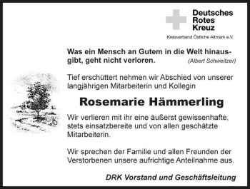 Traueranzeige von Rosemarie Hämmerling  von Magdeburger Volksstimme