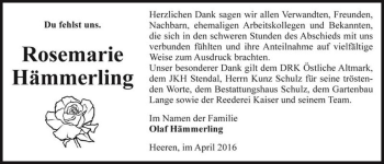 Traueranzeige von Rosemarie Hämmerling  von Magdeburger Volksstimme