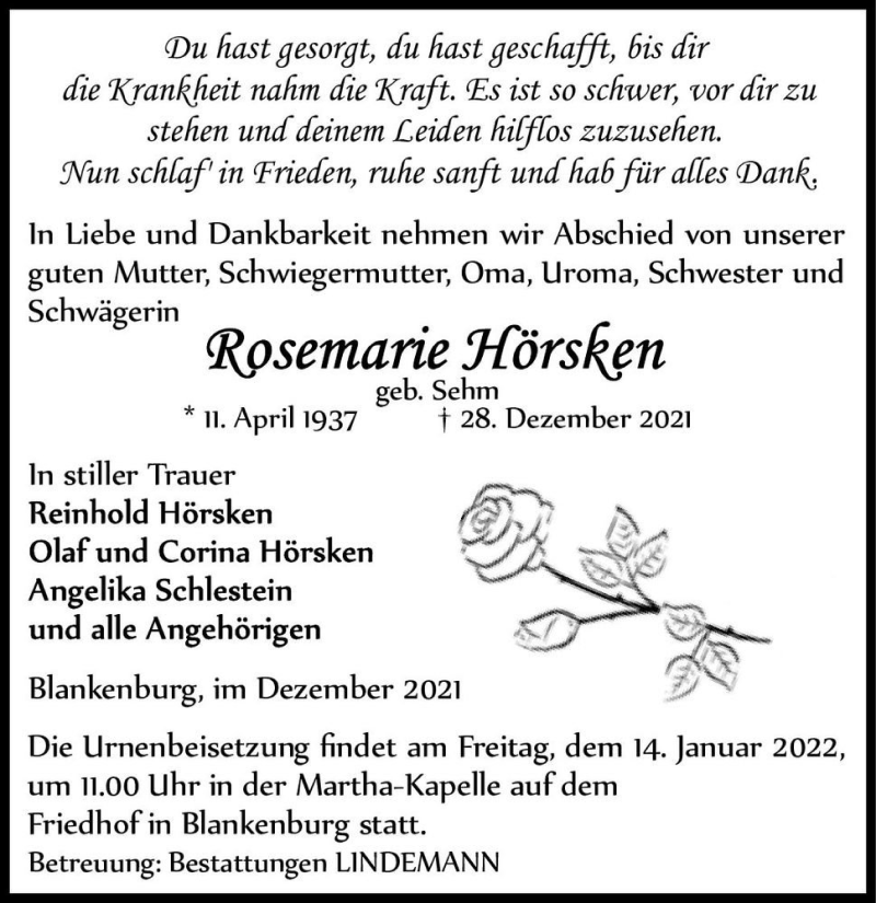  Traueranzeige für Rosemarie Hörsken (geb. Sehm)  vom 08.01.2022 aus Magdeburger Volksstimme