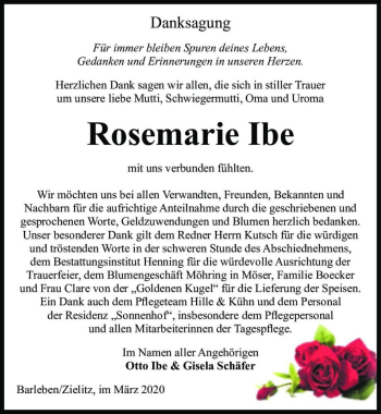 Traueranzeige von Rosemarie Ibe  von Magdeburger Volksstimme