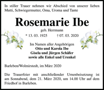 Traueranzeige von Rosemarie Ibe (geb. Herrmann)  von Magdeburger Volksstimme