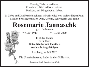 Traueranzeige von Rosemarie Jannaschk (geb. Bethmann)  von Magdeburger Volksstimme