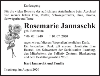 Traueranzeige von Rosemarie Jannaschk (geb. Bethmann)  von Magdeburger Volksstimme