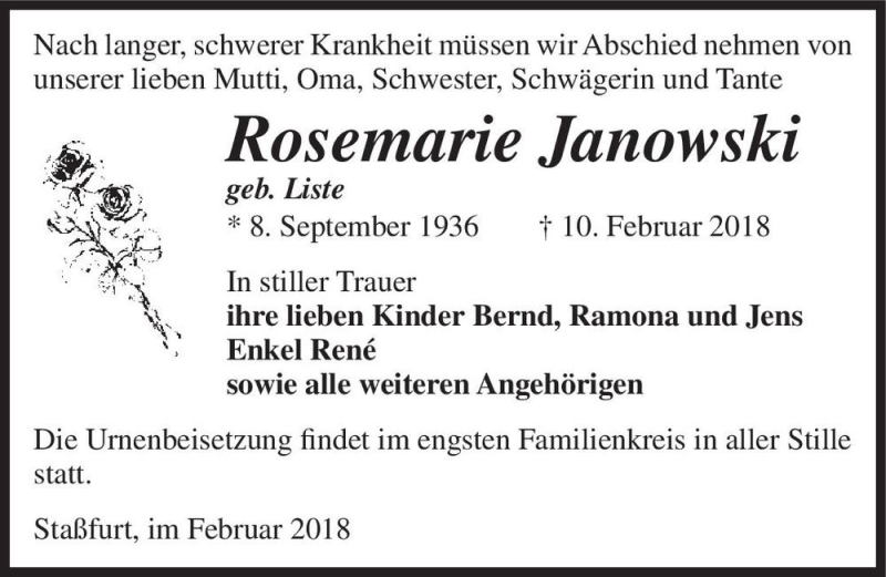  Traueranzeige für Rosemarie Janowski (geb. Liste)  vom 17.02.2018 aus Magdeburger Volksstimme