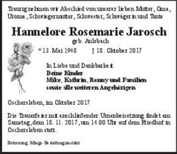 Traueranzeige von Rosemarie Jarosch (geb. Aulebach)  von Magdeburger Volksstimme