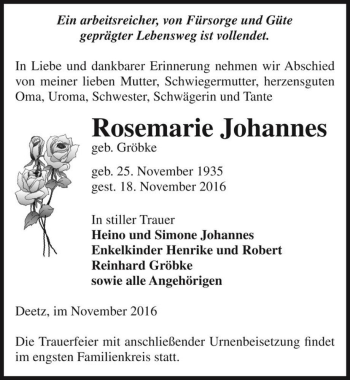 Traueranzeige von Rosemarie Johannes (geb. Gröbke)  von Magdeburger Volksstimme