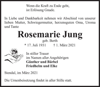 Traueranzeige von Rosemarie Jung (geb. Berth)  von Magdeburger Volksstimme