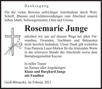Traueranzeige von Rosemarie Junge  von Magdeburger Volksstimme