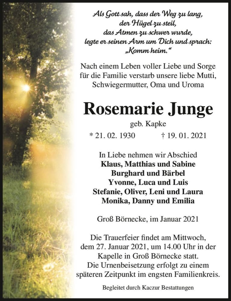  Traueranzeige für Rosemarie Junge (geb. Kapke)  vom 23.01.2021 aus Magdeburger Volksstimme