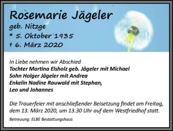 Traueranzeige von Rosemarie Jägeler (geb. Nitzge)  von Magdeburger Volksstimme