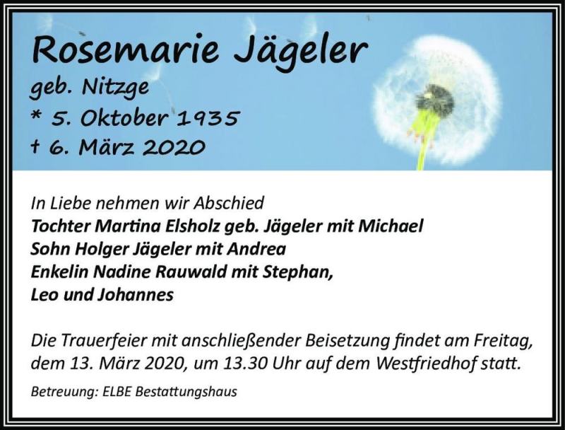  Traueranzeige für Rosemarie Jägeler (geb. Nitzge)  vom 10.03.2020 aus Magdeburger Volksstimme