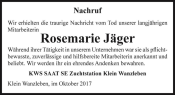 Traueranzeige von Rosemarie Jäger  von Magdeburger Volksstimme