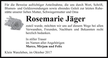 Traueranzeige von Rosemarie Jäger  von Magdeburger Volksstimme