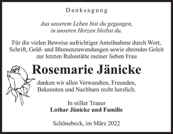 Traueranzeige von Rosemarie Jänicke  von Magdeburger Volksstimme