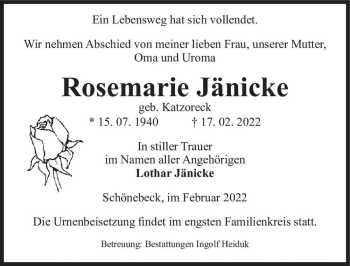 Traueranzeige von Rosemarie Jänicke (geb. Katzoreck)  von Magdeburger Volksstimme
