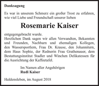 Traueranzeige von Rosemarie Kaiser  von Magdeburger Volksstimme