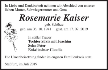 Traueranzeige von Rosemarie Kaiser (geb. Schütze)  von Magdeburger Volksstimme