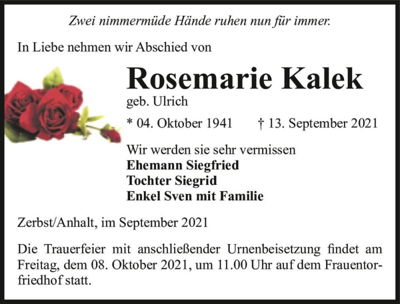  Traueranzeige für Rosemarie Kalek (geb. Ulrich)  vom 18.09.2021 aus Magdeburger Volksstimme