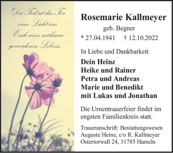 Traueranzeige von Rosemarie Kallmeyer (geb. Begner)  von Magdeburger Volksstimme