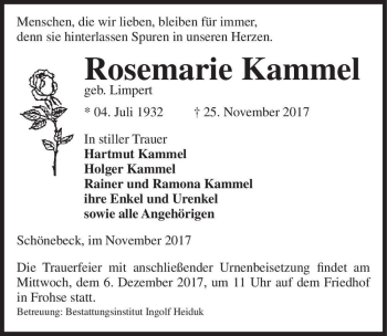 Traueranzeige von Rosemarie Kammel (geb. Limpert)  von Magdeburger Volksstimme