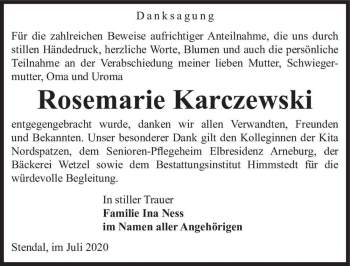 Traueranzeige von Rosemarie Karczewski  von Magdeburger Volksstimme