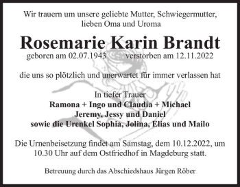 Traueranzeige von Rosemarie Karin Brandt  von Magdeburger Volksstimme