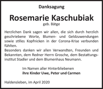 Traueranzeige von Rosemarie Kaschubiak (geb. Bätge)  von Magdeburger Volksstimme