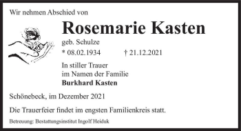 Traueranzeige von Rosemarie Kasten (geb. Schulze)  von Magdeburger Volksstimme