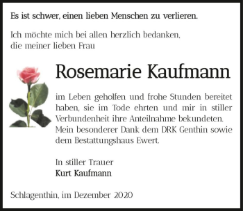 Traueranzeige von Rosemarie Kaufmann  von Magdeburger Volksstimme