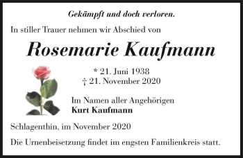 Traueranzeige von Rosemarie Kaufmann  von Magdeburger Volksstimme