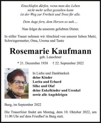 Traueranzeige von Rosemarie Kaufmann (geb. Leuschner)  von Magdeburger Volksstimme