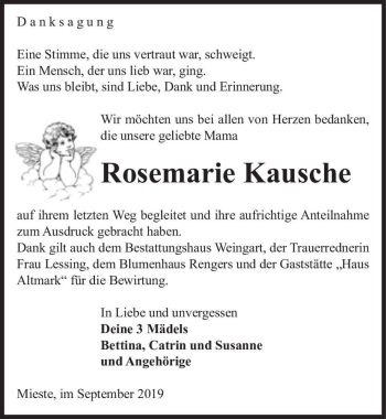 Traueranzeige von Rosemarie Kausche  von Magdeburger Volksstimme
