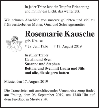 Traueranzeige von Rosemarie Kausche (geb. Krause)  von Magdeburger Volksstimme