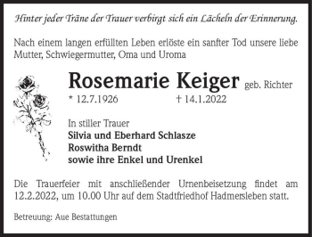 Traueranzeige von Rosemarie Keiger (geb. Richter)  von Magdeburger Volksstimme