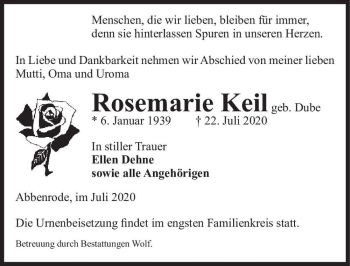Traueranzeige von Rosemarie Keil (geb. Dube)  von Magdeburger Volksstimme