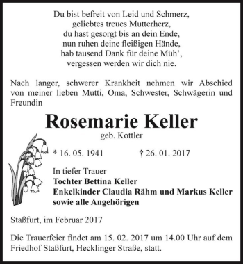 Traueranzeige von Rosemarie Keller (geb. Kottler)  von Magdeburger Volksstimme