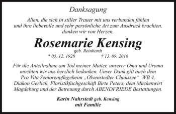 Traueranzeige von Rosemarie Kensing (geb. Reinhardt)  von Magdeburger Volksstimme